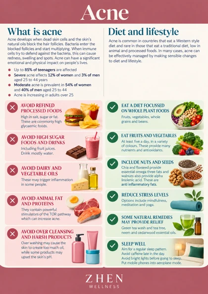 Original illustrated Zhen Wellness picture sheet about Acne: skin care, diet and treatment