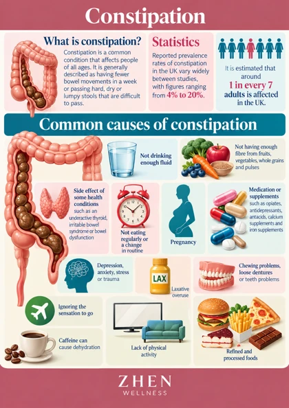 Original illustrated Zhen Wellness picture sheet about Constipation: causes and practical relief
