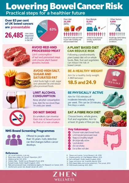 Original illustrated Zhen Wellness picture sheet about Lowering bowel cancer risk: practical prevention