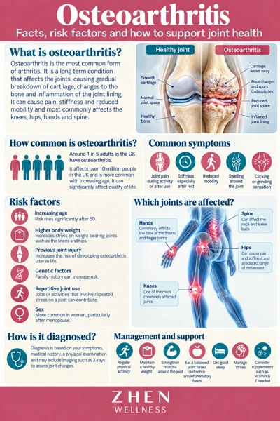 Original illustrated Zhen Wellness picture sheet about Osteoarthritis: stronger muscles, better movement