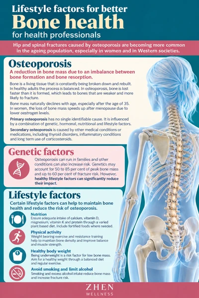 Original illustrated Zhen Wellness picture sheet about Protecting bones: nutrition, strength and falls prevention