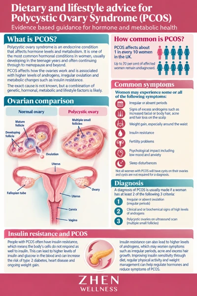 Original illustrated Zhen Wellness picture sheet about PCOS: sustainable habits and individual care