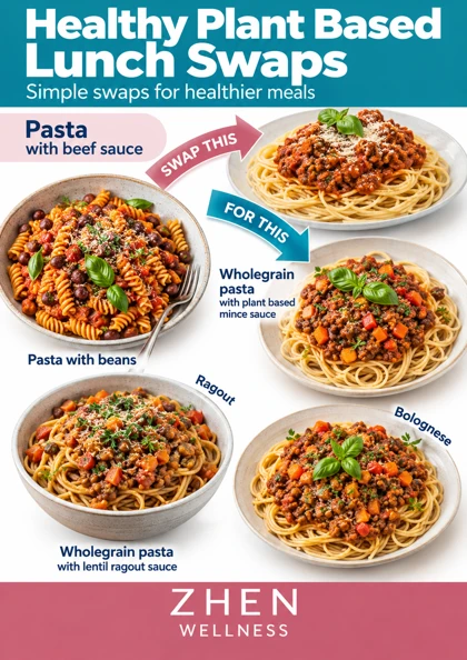Original illustrated Zhen Wellness picture sheet about Plant-rich lunches: practical pasta and protein swaps