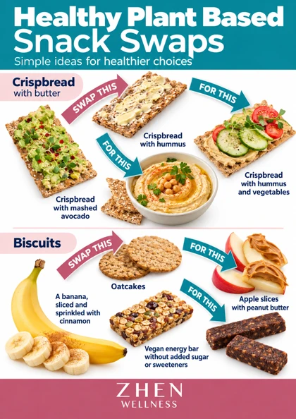 Original illustrated Zhen Wellness picture sheet about Plant-rich snacks: practical, balanced swaps