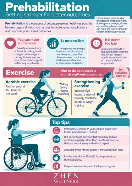 Original illustrated Zhen Wellness picture sheet about Prehabilitation: preparing for surgery safely
