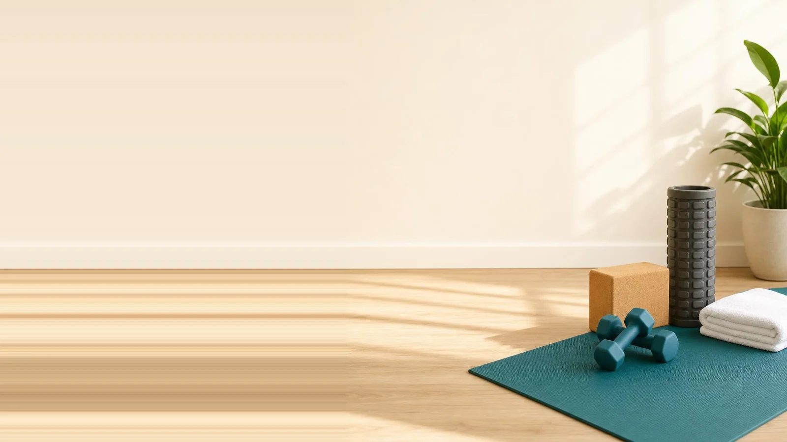 Yoga mat, strength equipment and a treatment towel representing movement, strength and recovery.
